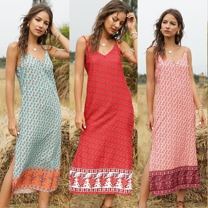 Sexy Women Summer Floral Print Dress Spaghetti Strap V Neck Sleeveless Split Hem Bohemian Holiday Dress