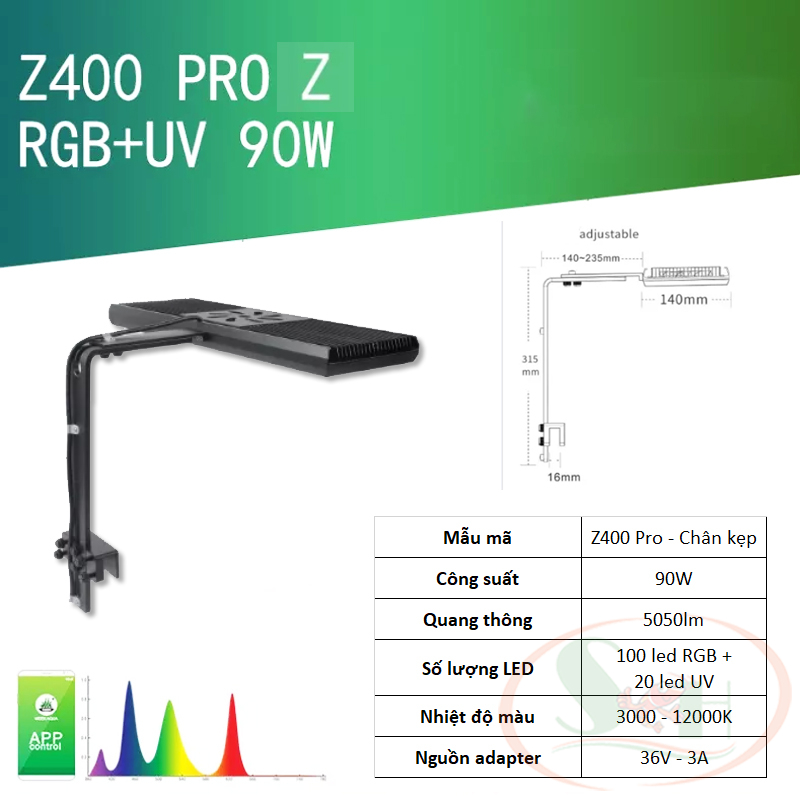 Đèn led Week RGB-UV Pro Z series Z200, Z400 kẹp treo bể thủy sinh cá tép cảnh