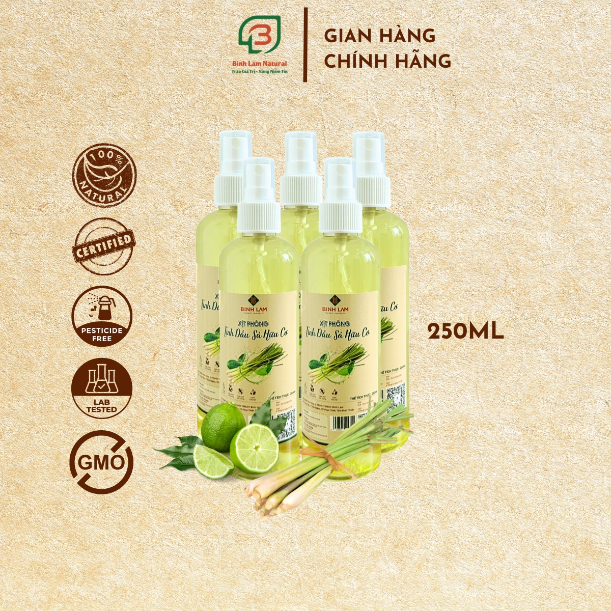 Combo 05 Xịt phòng tinh dầu đuổi muỗi, côn trùng, khử mùi, diệt khuẩn hữu cơ sả chanh Bình Lam Natural 250ml