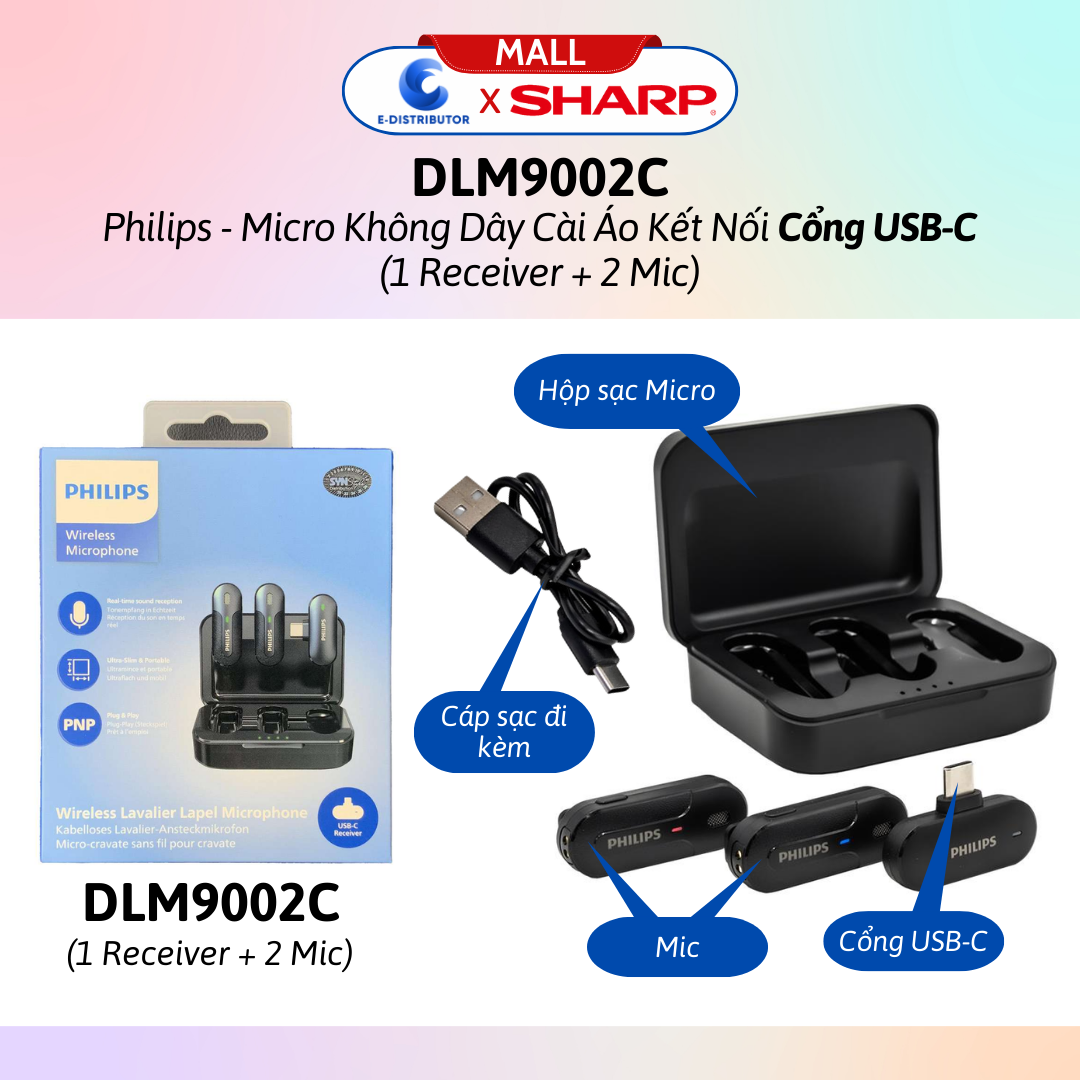 Micro không dây cài áo Philips kết nối cổng Lighting DLM9002L / cổng USB-C DLM9002C (1Receiver + 2Mic) - Hàng Chính Hãng
