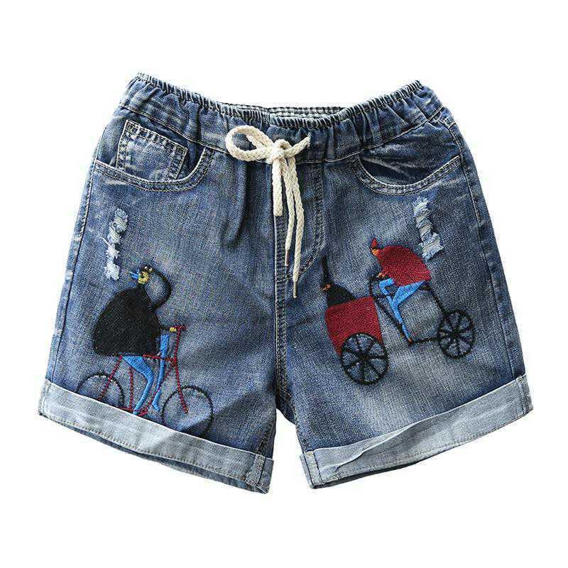 Quần Short Jean Lưng Cao Ống Rộng Thêu Họa Tiết Thiết Kế Rách Cá Tính Cho Nữ