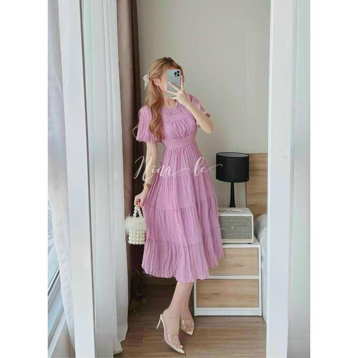 Đầm maxi dài dáng xòe đi biển, maxi phối 4 mà nhã nhặn cổ tròn tay phồng sexy thời trang nữ mùa hè