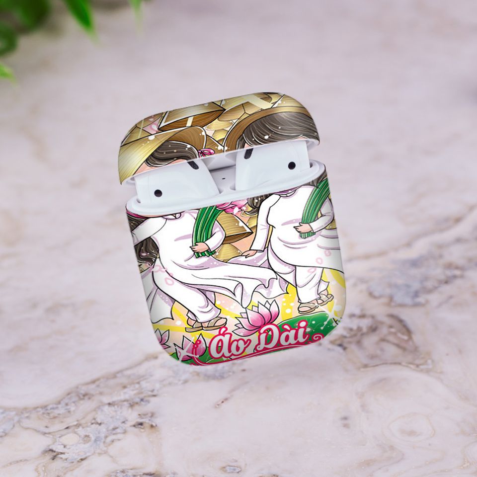 Miếng dán skin chống bẩn cho tai nghe AirPods in hình Áo Dài Nón Lá - Chib001 (bản không dây 1 và 2)