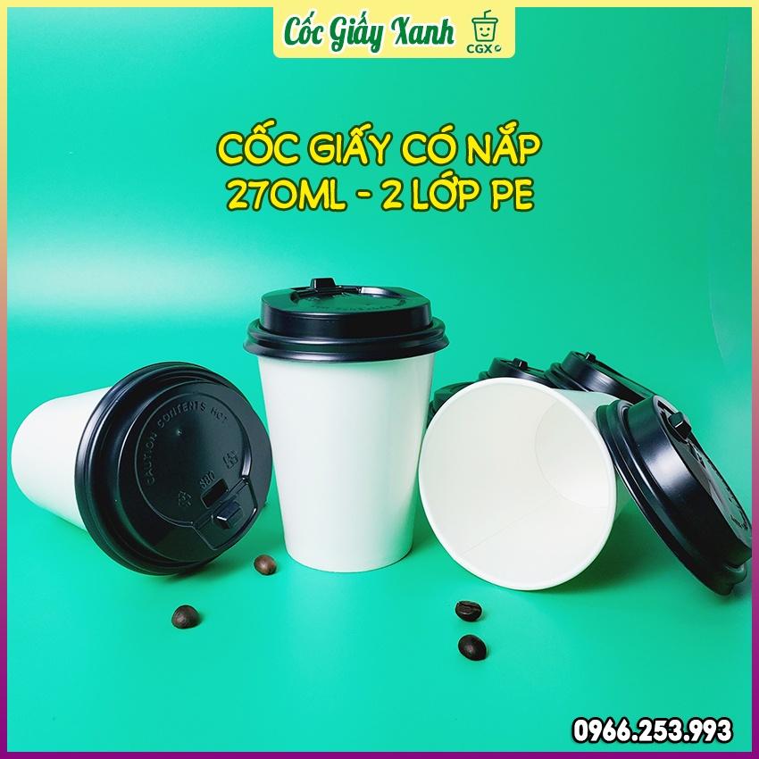 Combo 50 CỐC GIẤY XANH 270ml CÓ NẮP CAFE Dùng 1 Lần, Dày Dặn, Cứng Cáp, Kín Kẽ