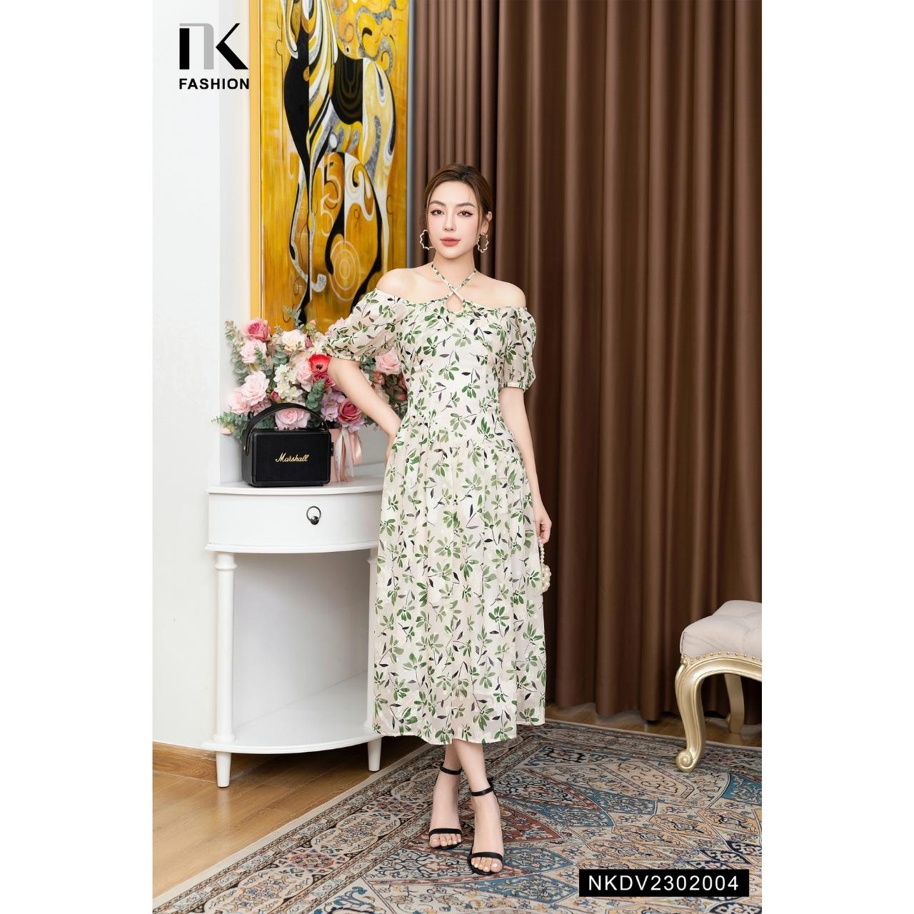 Đầm Maxi Hoa NK FASHION Thiết Kế Cổ Buộc Yếm Điệu Đà Thanh Lịch, Chất Vải Nhập Hàn Cao Cấp NKDV2302004