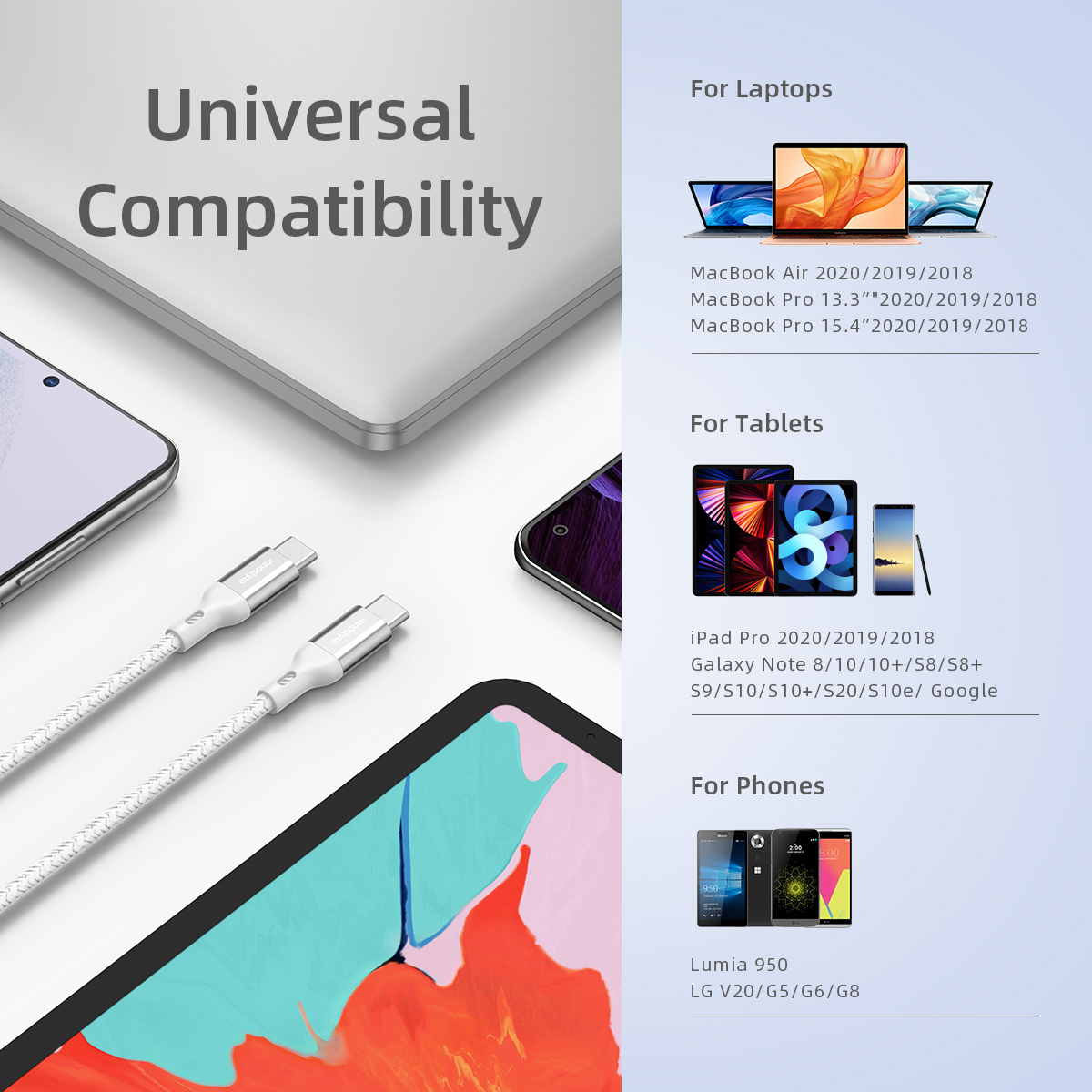 Cáp Innostyle USB-C To USB-C 60W 1.5m Cho Smartphone, iPad, Tablet, MacBook PowerFlex ICC150AL - Hàng Chính Hãng