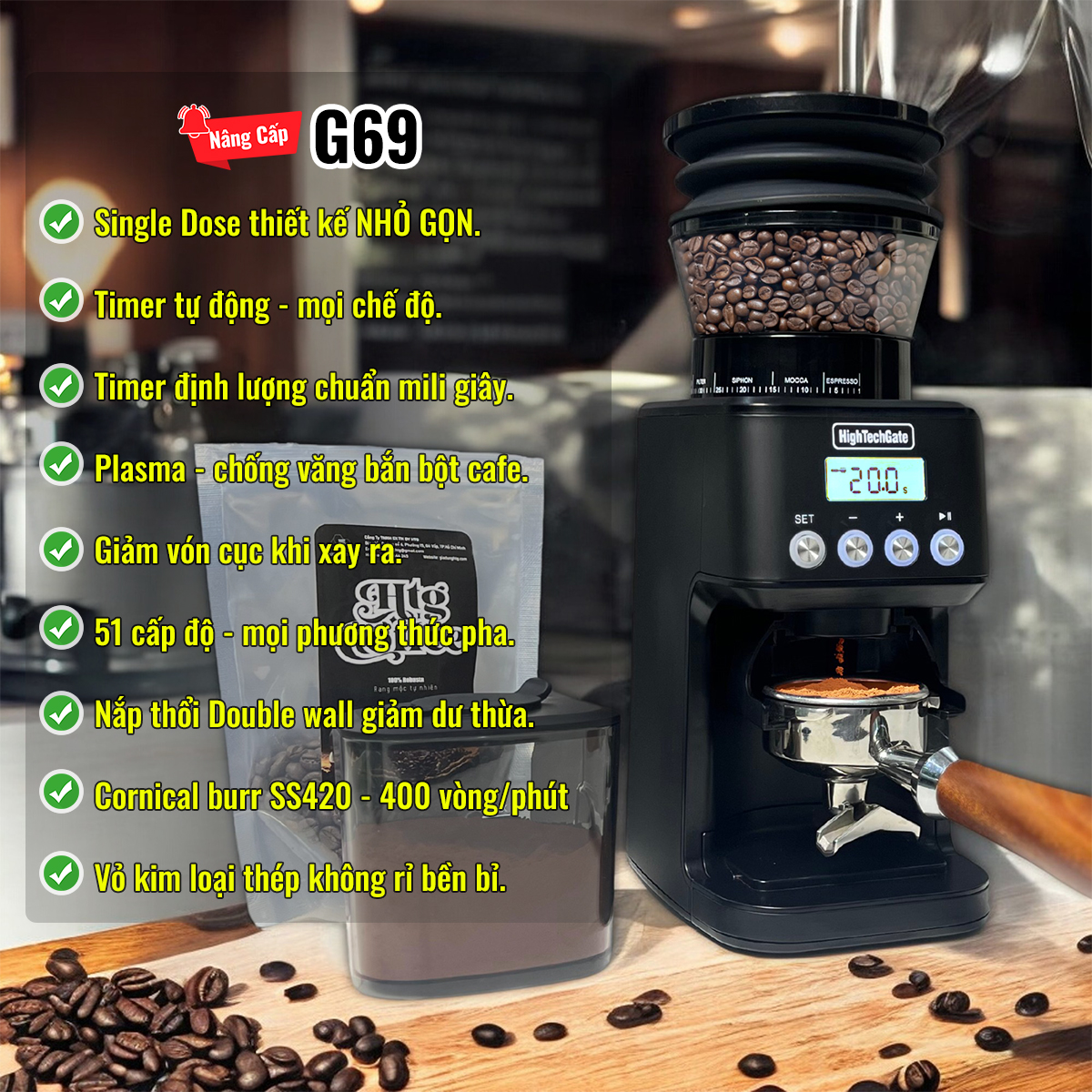 Máy xay cà phê single dose G69 phiên bản xay tự động timer linh hoạt mọi phương thức, 51 cấp độ, hàng chính hãng