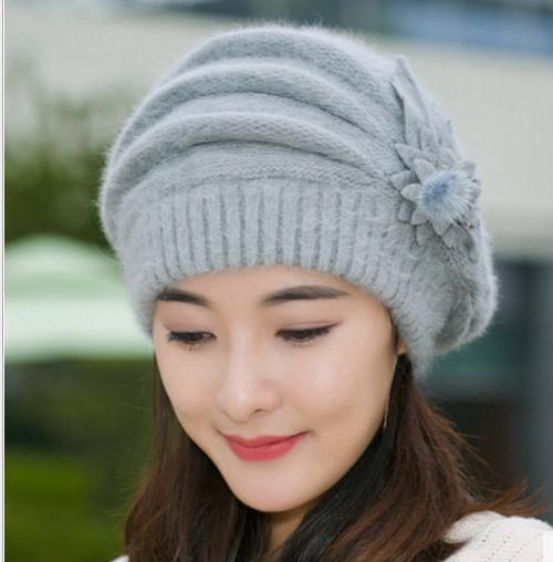Mũ nồi beret len lông thỏ gắn hoa đôi cao cấp nón nồi nữ thời trang