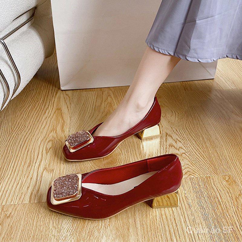 High Heels Women Chunky Heel Square Toe Women's Shoes New Women's Shoes Square Buckle Rhinestone Shallow Mouth High Heel Pumps Work Shoes Women