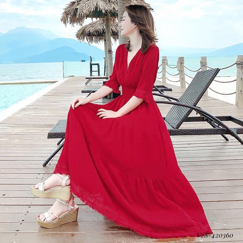 V28 váy retro đỏ cho con bú️ẢNH THẬT