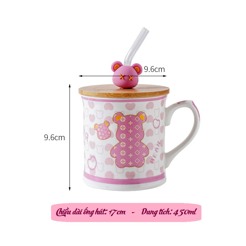 Ly gốm sứ hình Bearbrik có nắp gỗ và ống hút thủy tinh
