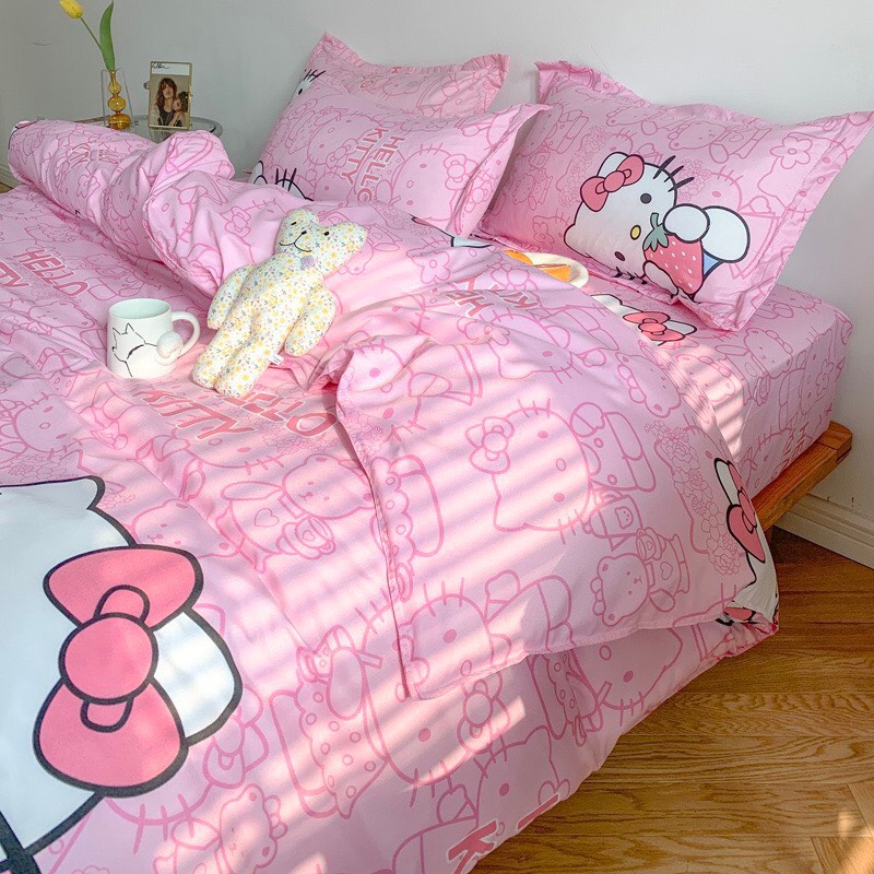 Sét chăn ga gối cotton poly họa tiết mèo hồng cho bé gái may theo kích thước khách đặt