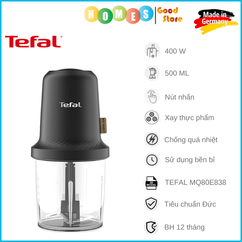 Máy Xay Thịt, Thực Phẩm Đa Năng TEFAL MQ80E838 Eco Respect Chopper, Sản Xuất Tại Pháp, Dung Tích 0.5L, Công Suất 500W - Hàng Nhập Khẩu Đức