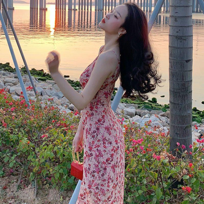 CHENGRUI Váy lụa trắng, váy lụa hoa, váy dài mùa hè 2023.