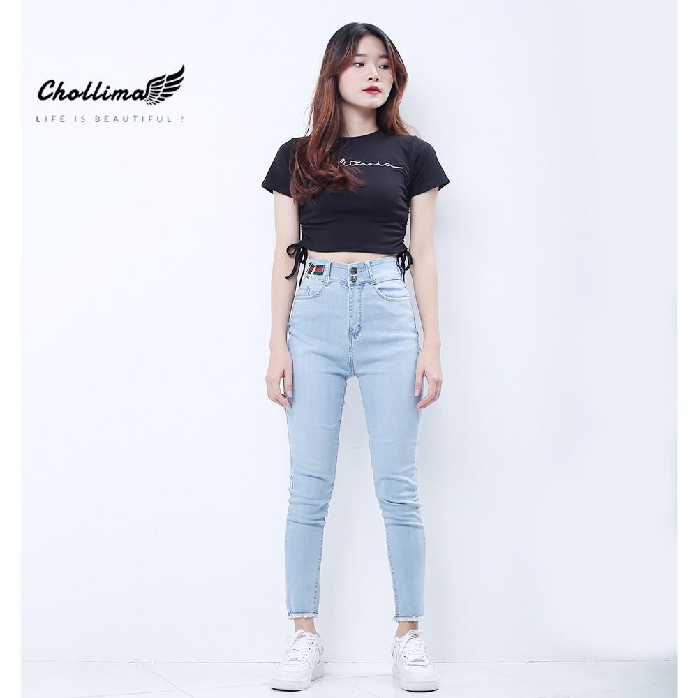 Quần jeans nữ co giãn Chollima cạp siêu cao đắp nịt màu xanh trắng QD025