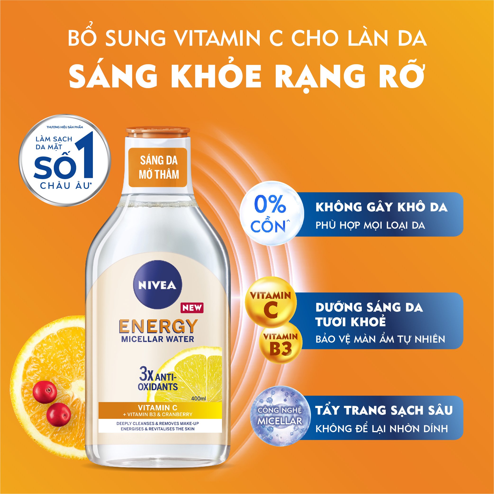 Bộ 2 Nước Tẩy Trang NIVEA Energy Dưỡng Sáng Da | Mờ Thâm | Vitamin C | Nacinamide (400 ml) - 94244