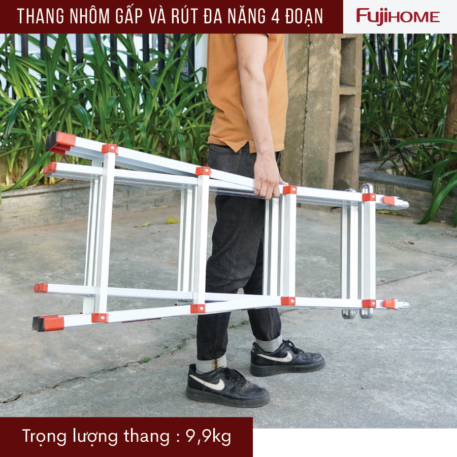 Thang nhôm FUJIHOME ML44 gấp và rút đa năng 4 đoạn, Cao tối đa 4m, Xếp nhiều hình dáng