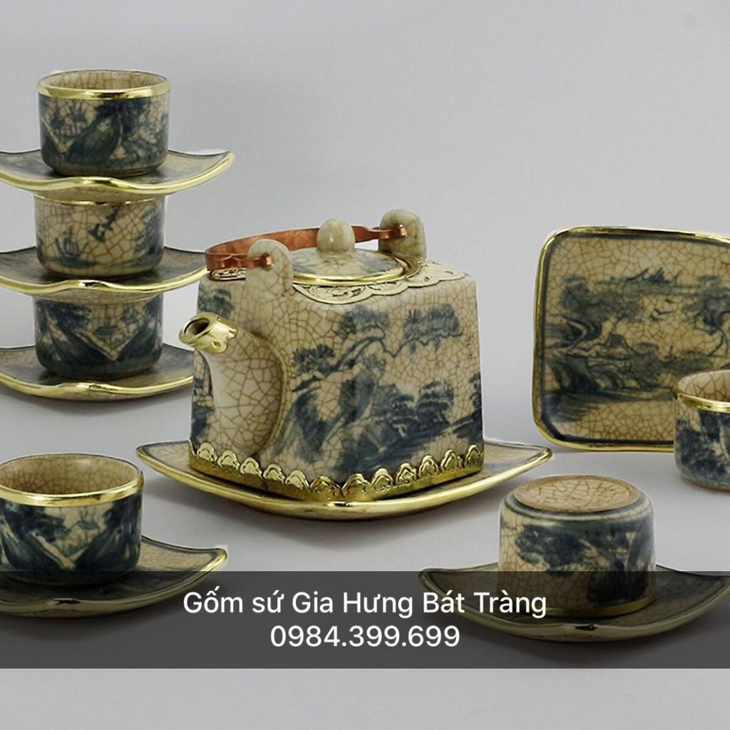 Bộ ấm chén men rạn bọc đồng gốm Bát Tràng