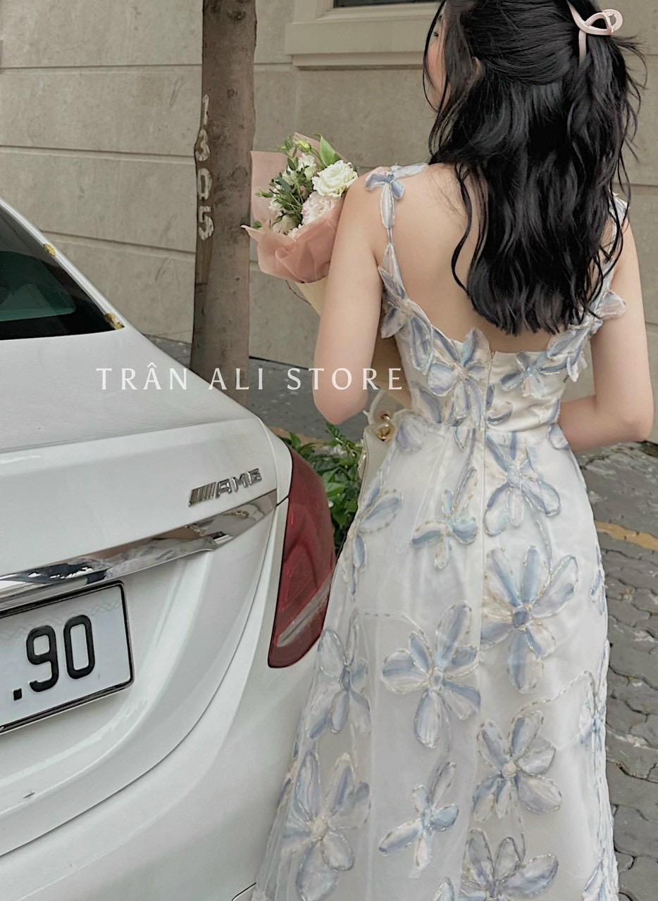 Đầm 2 dây hoa nổi sang trọng đầm hoa dự tiệc