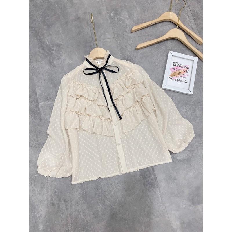 Áo Sơmi Bèo Voan Bi Tiểu Thư, Áo Kiểu Cổ Ren Nơ Điệu Đà Có Ảnh Thật Kèm Video