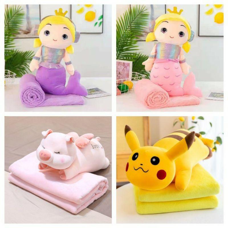 Bộ chăn gối văn phòng đa năng hình thú bông tiên cá, pikachu, heo thiên sứ