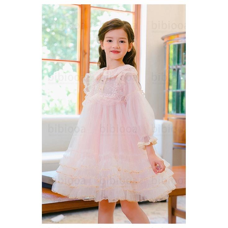 Váy công chúa bé gái 3-9 tuổi diềm bèo đính hạt, Đầm dự tiệc cho bé điệu đà đáng yêu