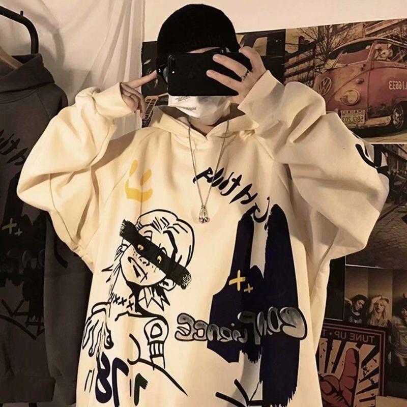 Áo Hoodie Nam Nữ Tay Dài Mũ Nón Dáng Rộng In Hình Phong Cách Thu Đông