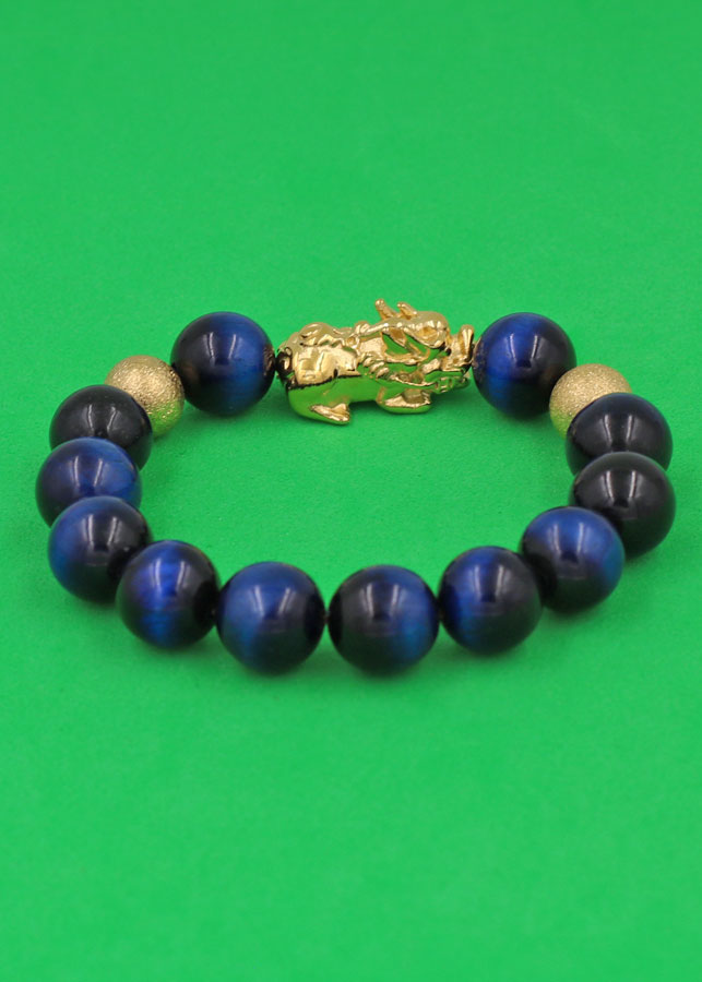 Vòng đeo tay Đá Mắt Hổ Xanh Đen 12 ly - cẩn Tỳ Hưu Phong Thủy inox vàng VMHXETHHBV12 - hợp mệnh Mộc, mệnh Thủy