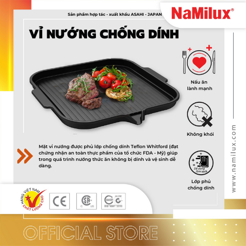 Vỉ Nướng Chống Dính Không Khói NaMilux│Phủ Lớp Chống Dính Teflon Whitford│Có Rãnh Thoát Mỡ│Hàng Chính Hãng