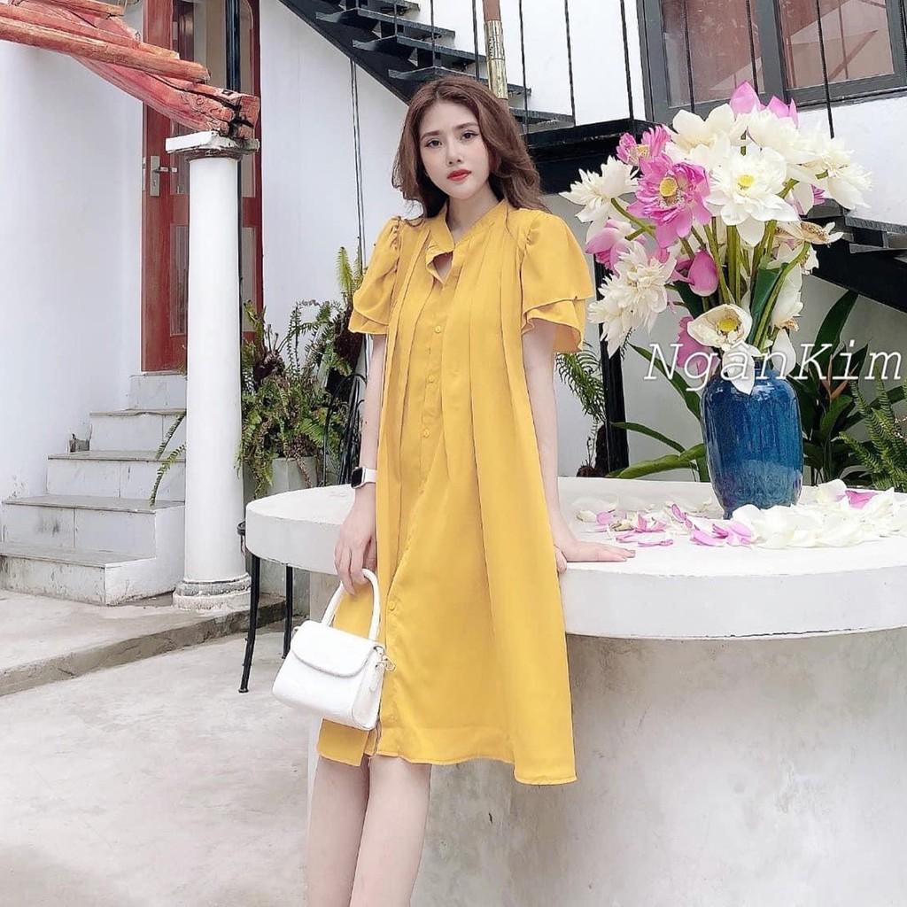 Váy Bầu Sơ Mi Cổ Tàu Xếp Ly Dáng Suông Công Sở HD2626 Honey Mommy Đầm Bầu Hè Ngắn Tay