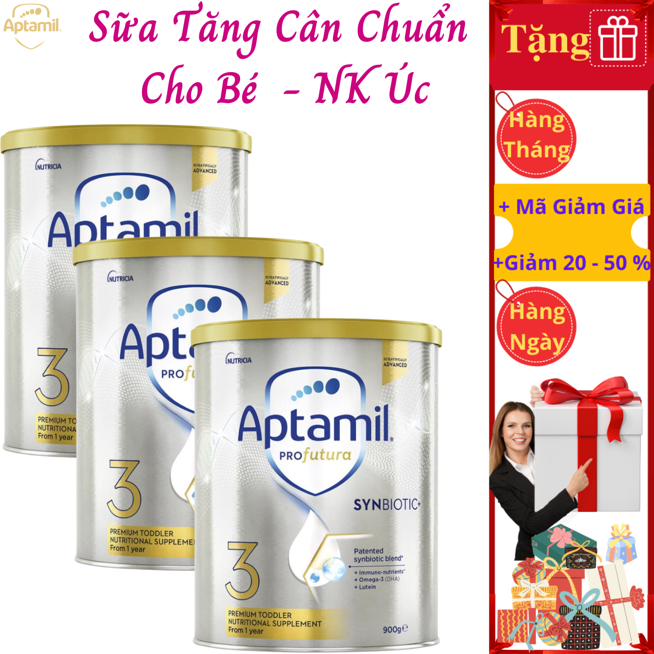 Sữa Tăng Cân Cho Bé Aptamil Profutura Synbiotic 3 NK Úc Giàu Dưỡng Chất Gồm Các Nhóm Vitamin, Khoáng Chất, Omega-3, Men Vi Sinh Giúp Bé Phát Triển Chiều Cao, Cân Nặng, Trí Não, Hỗ Trợ Tiêu Hóa Tốt, Tăng Chức Năng Hệ Miễn Dịch – 3 Hộp x 900g