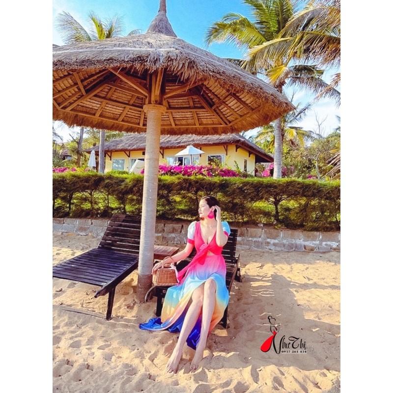 (miễn phí chỉnh váy) đầm maxi màu loang ombre cột nơ ngực xẻ tà đi biển du lịch chụp hình sống ảo cực sang giá rẻ
