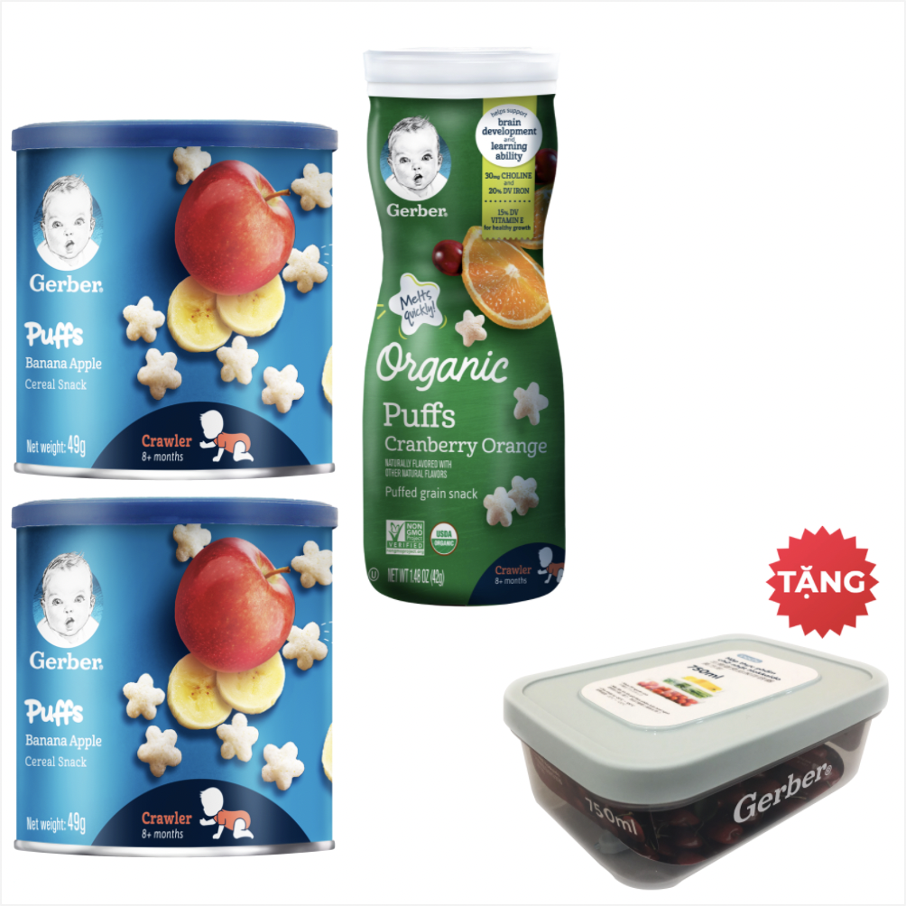 Combo 03 (2 Gerber Puffs Chuối Táo + 1 Gerber Organic Nam Việt Quất Cam) TẶNG Hộp Nhựa Lưu Trữ Thức Ăn