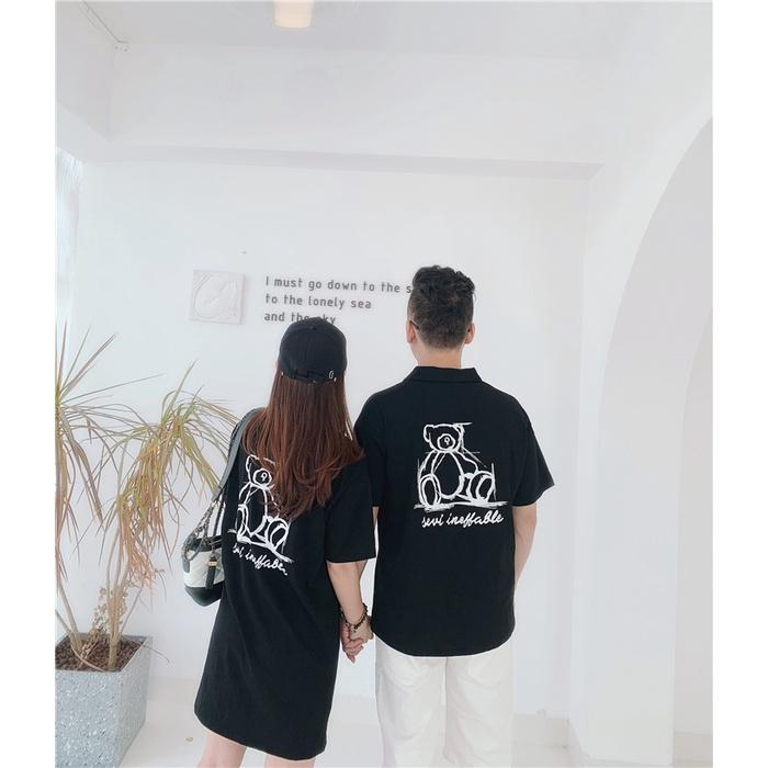 Áo gia đình cổ trụ Familylove - Đồng phục gia đình họa tiết gấu hai mặt chất liệu cotton 100 % co giãn mềm mịn