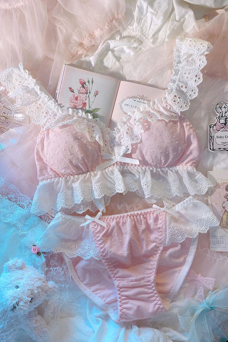 Lolita Kawaii Dễ Thương Ren Hoa Dây Hồng Áo Ngực Và Quần Bộ Quần Lót Nữ Pháp Retro Bông Thân Mật Cực Áo Ngực Mỏng quần Lót