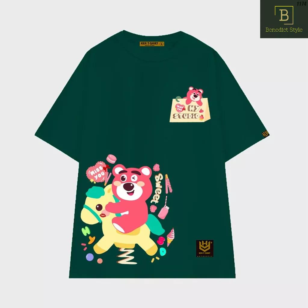 Áo thun tay lỡ unisex phom rộng in hình Gấu dâu cưỡi ngựa
