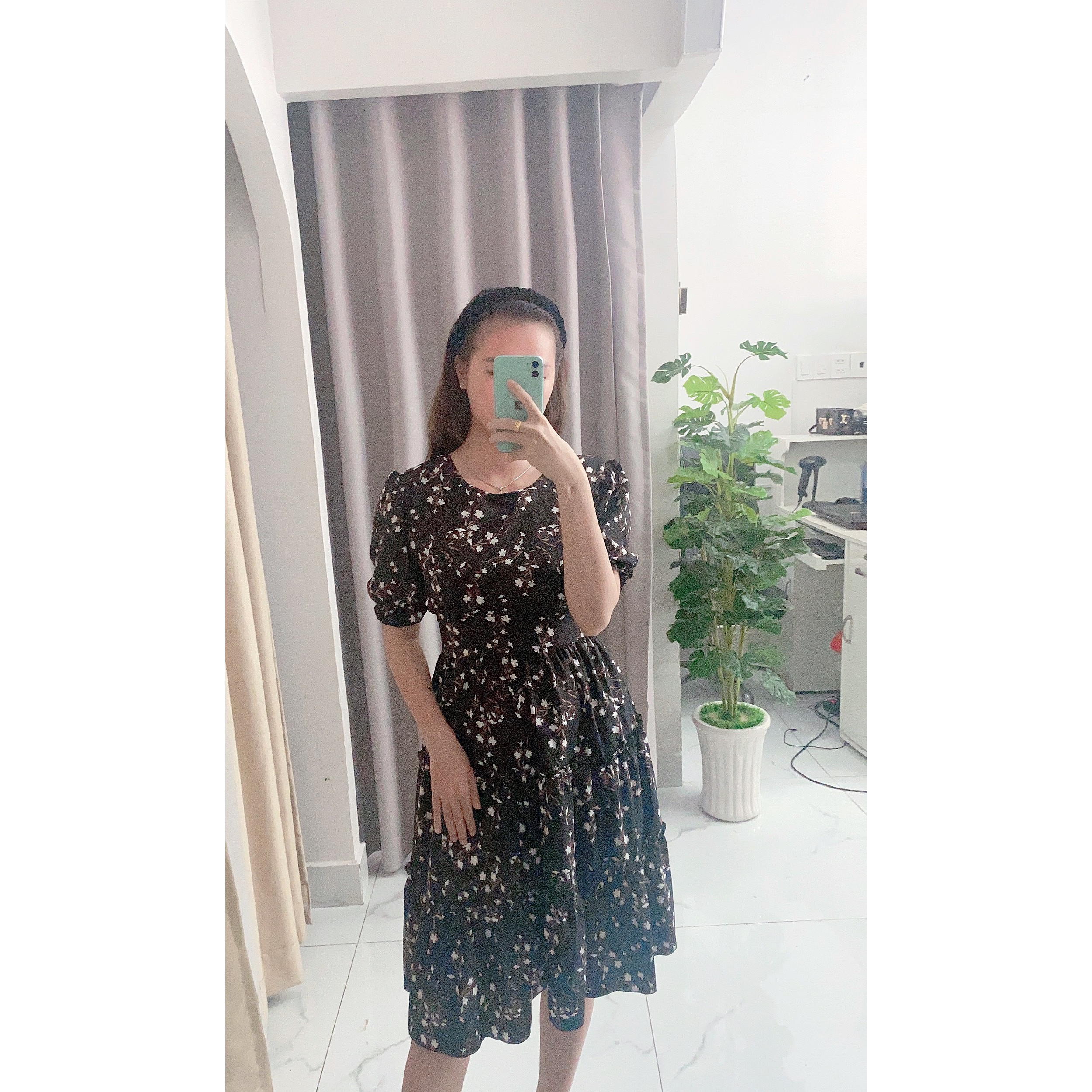 Váy đầm nữ dài qua gối, cổ tròn tay bo, chất bao mát không nhăn V005