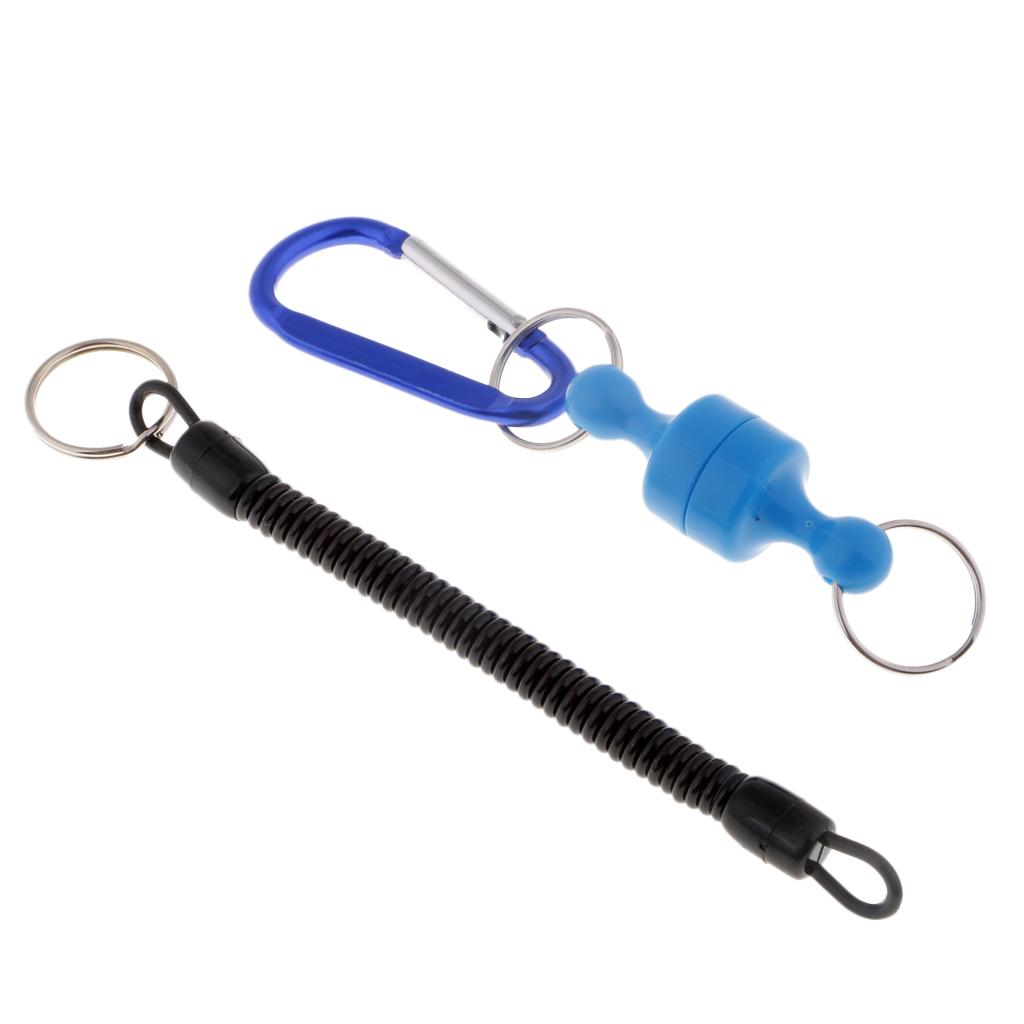 Steel Wire Fishing Coiled Lanyard w/ Magnetic Net Release & Buckle Black