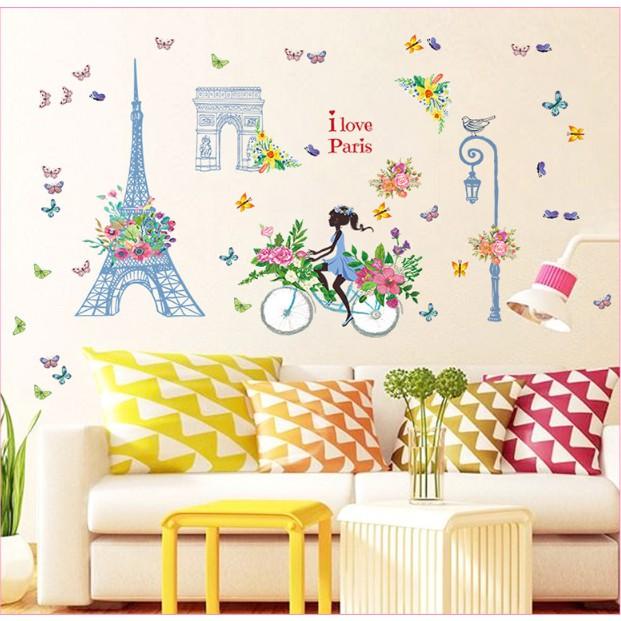 Decal trang trí tường - Tháp Xanh Cô Gái Xe Đạp Hoa