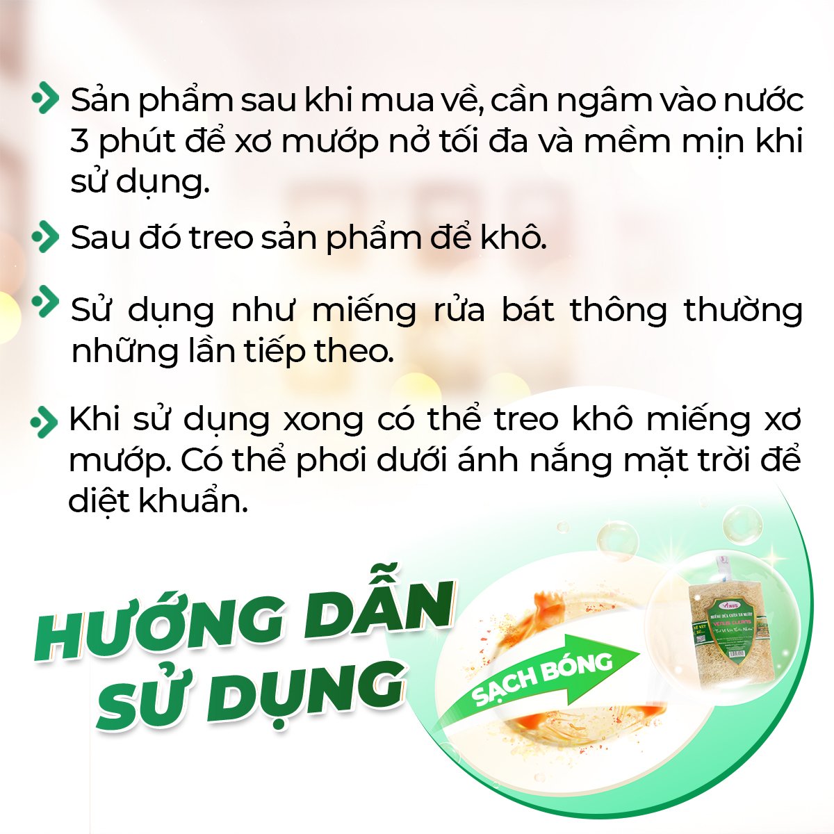 Miếng rửa chén xơ mướp Venus Cleans tạo nhiều bọt, làm sạch những vết bẩn nhất trên chén đĩa