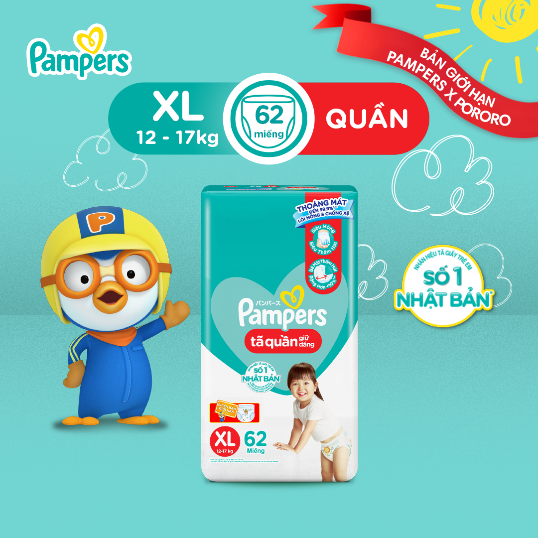 Tã/ Bỉm Quần PAMPERS Giữ Dáng Gói Cực Đại Size M(74 miếng, 7-12kg)/ L(68 miếng, 9-14kg)/ XL (62 miếng, 12-17kg)/ XXL (56 miếng, 15-25kg), Chống Xệ