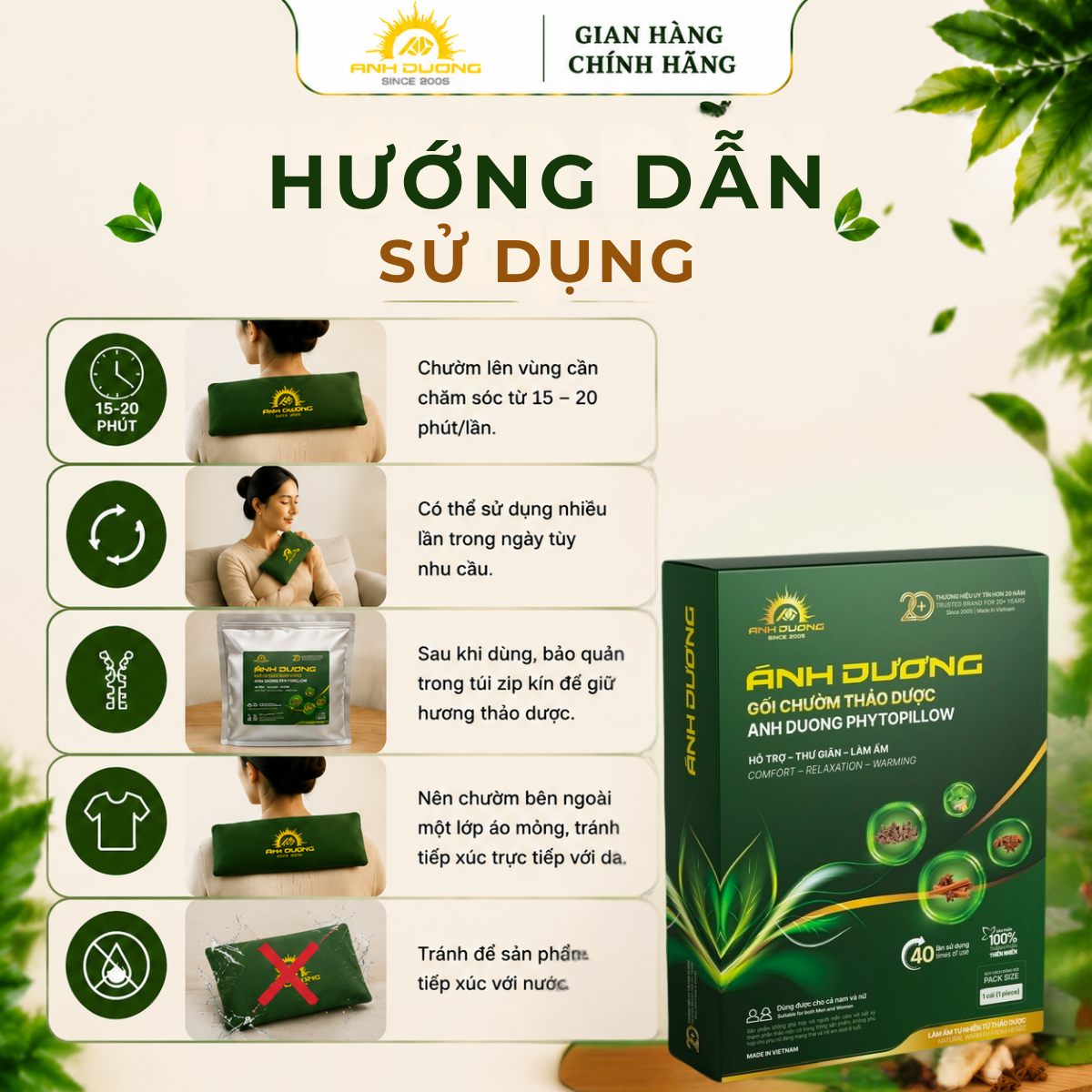 GỐI CHƯỜM HỖ TRỢ LÀM ẤM VÀ THƯ GIÃN CỔ VAI GÁY, LƯNG, CỘT SỐNG THẢO DƯỢC ÁNH DƯƠNG