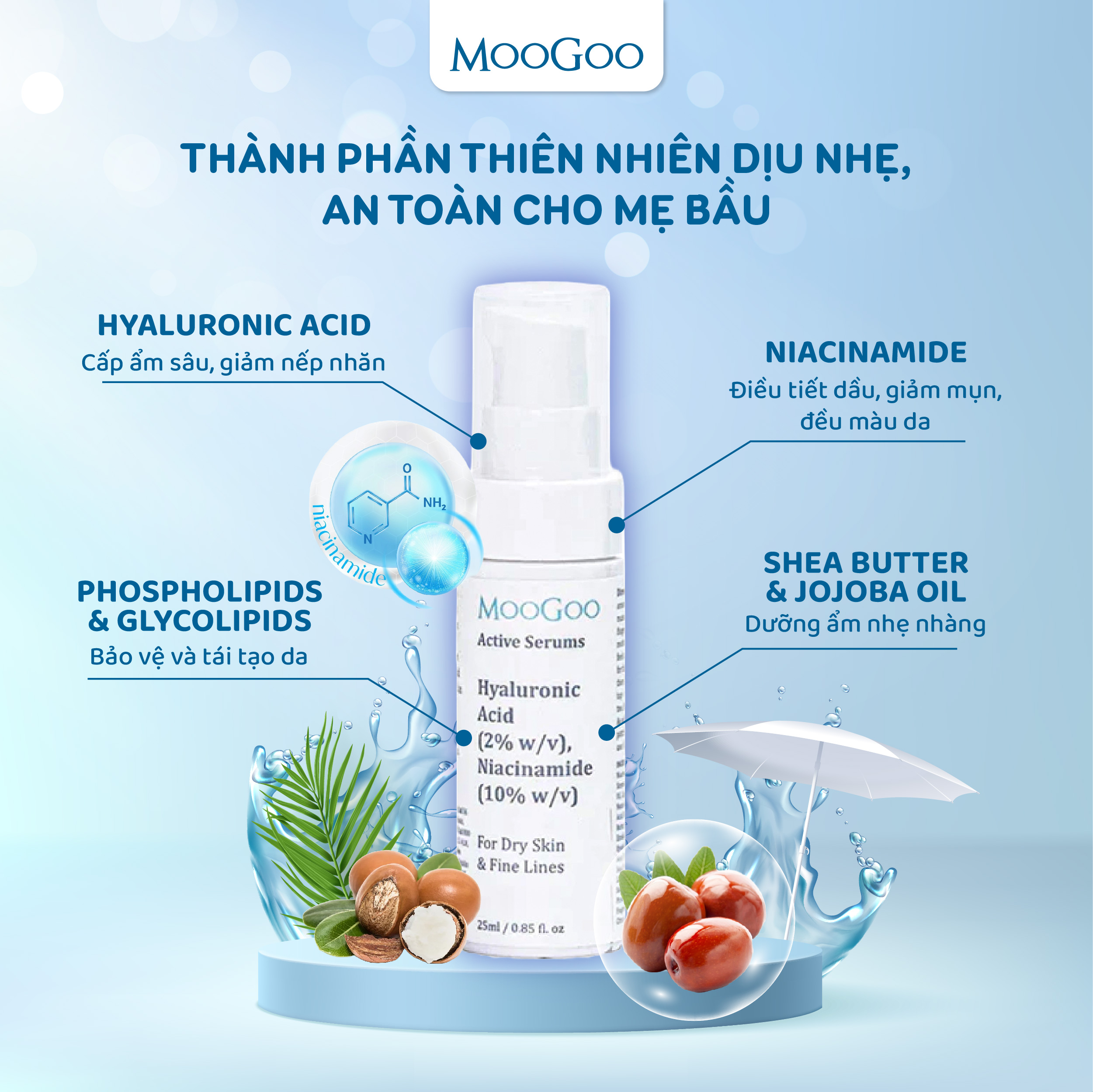 Serum Tinh Chất Cấp Ẩm &amp; Tái Tạo Da Hyaluronic Acid và Niacinamide 25ml MooGoo cho da nhạy cảm - hàng Úc