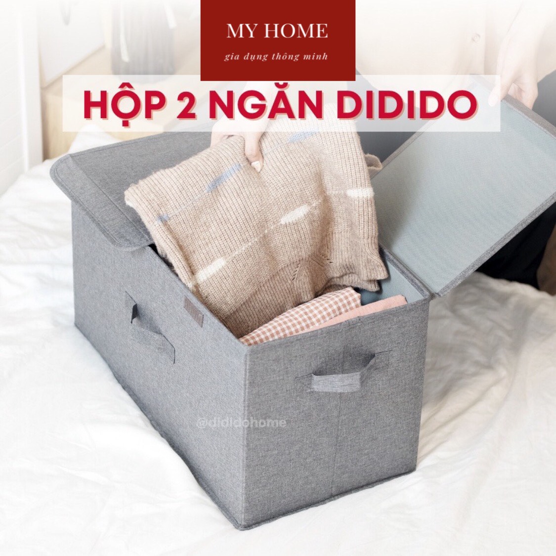 Hộp đựng đồ quần áo tiện gọn chia 2 ngăn size lớn - Màu ghi