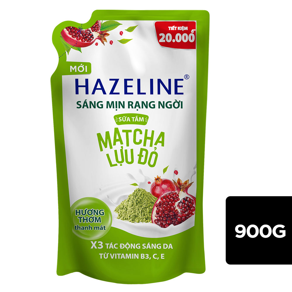 Sữa tắm Hazeline Dưỡng Thể Trắng Sáng & Mịn Da Từ Thiên Nhiên Matcha Lựu Đỏ Túi 900g