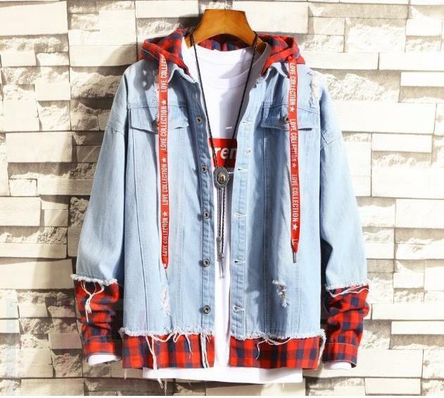Áo khoác Jeans Nam Unisex phối nón Caro sọc đỏ cao cấp