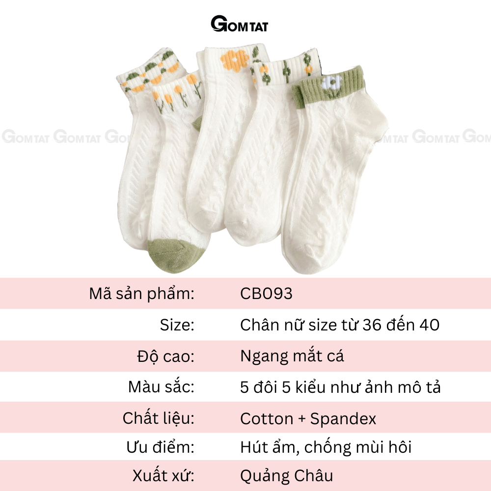 Set 5 đôi tất nữ cổ ngắn GOMTAT họa tiết cây cỏ siêu dễ thương, vớ nữ cổ ngắn chất liệu cotton mềm mại thoáng mát - CB093