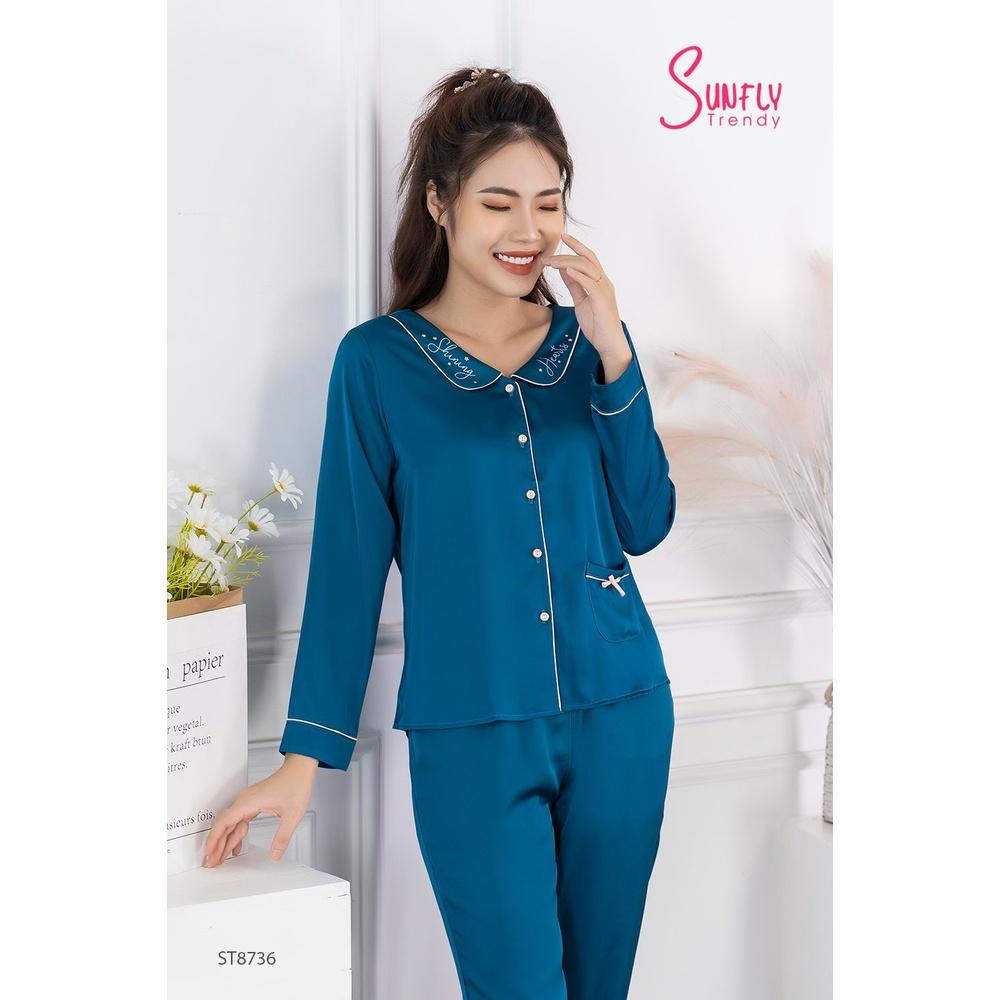 ST8736 Bộ đồ mặc nhà nữ pijamas lụa SUNFLY áo dài quần dài