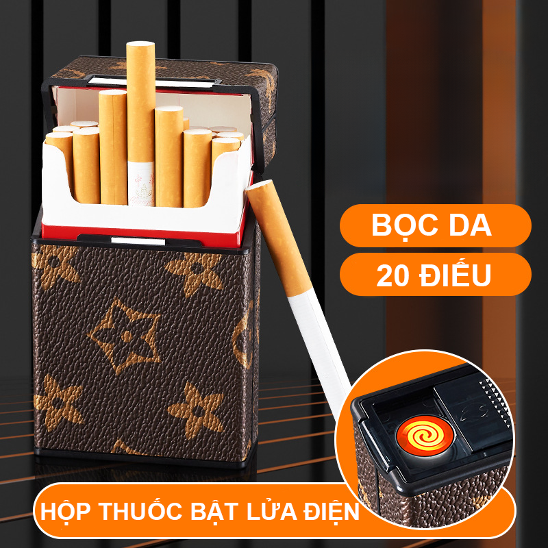 Bật Lửa Điện Kiêm Hộp Đựng Thuốc 20 Điếu Bọc Da - Sạc Điện
