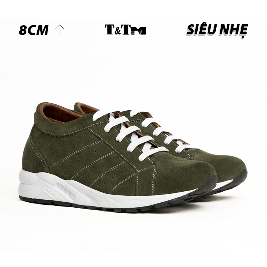 Giày Tăng Chiều Cao Nam Siêu Nhẹ T&TRA Tăng Cao 8Cm- T19 Xanh Rêu- Chất Liệu Da Bò Cao Cấp, Đế và Lót Tăng Cao Chất Liệu EVA Siêu Nhẹ, Trọng Lượng Nhẹ Hơn 30% So Với Đế Cao Su